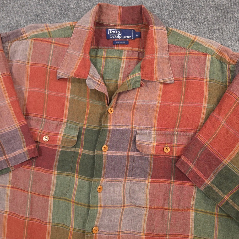 Vintage Polo Ralph Lauren Linen Camp Shirt Mens L Plaid Loop Collar Short Sleeve